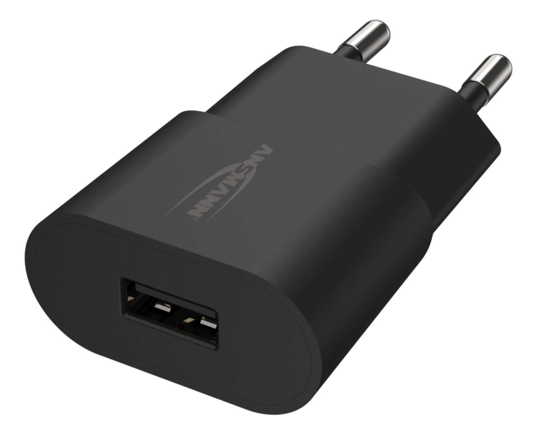 Ein schwarzer USB-Steckerlader mit europäischen Pins und sichtbarem Markenlogo auf einer weißen Oberfläche.