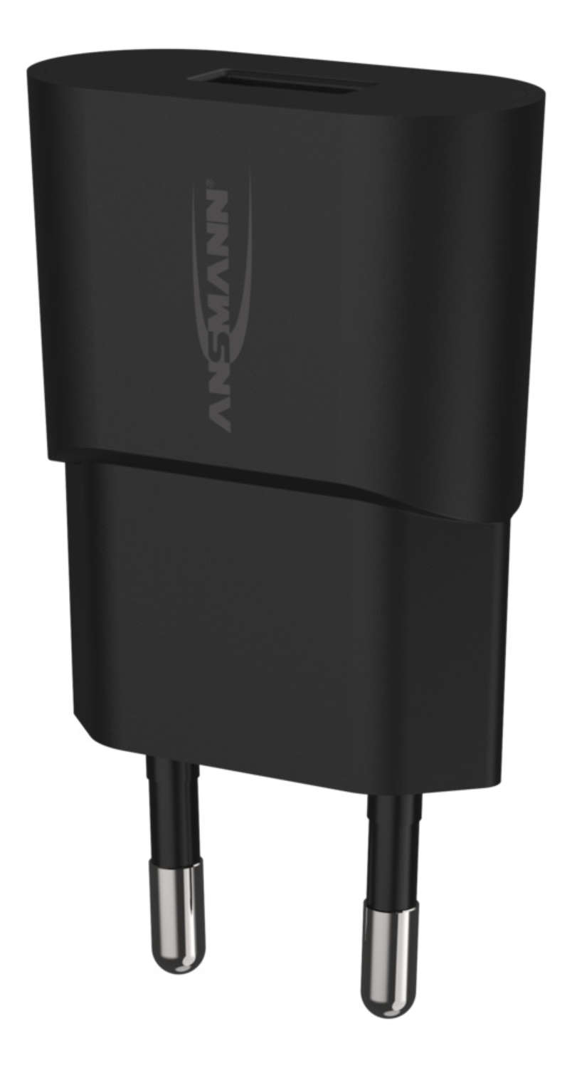 Schwarzes Ansmann USB-Ladegerät mit zwei runden Steckerkontakten auf hellem Hintergrund.