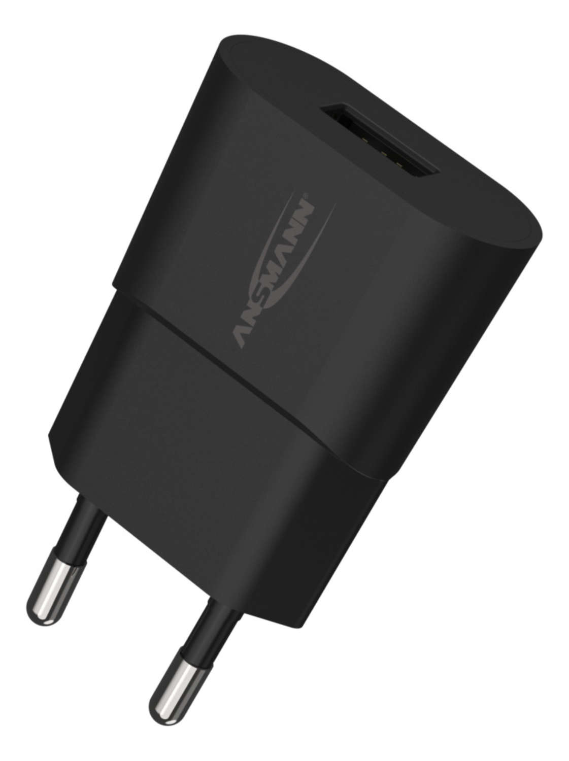 Schwarzes Ansmann USB-Ladegerät mit EU-Stecker.