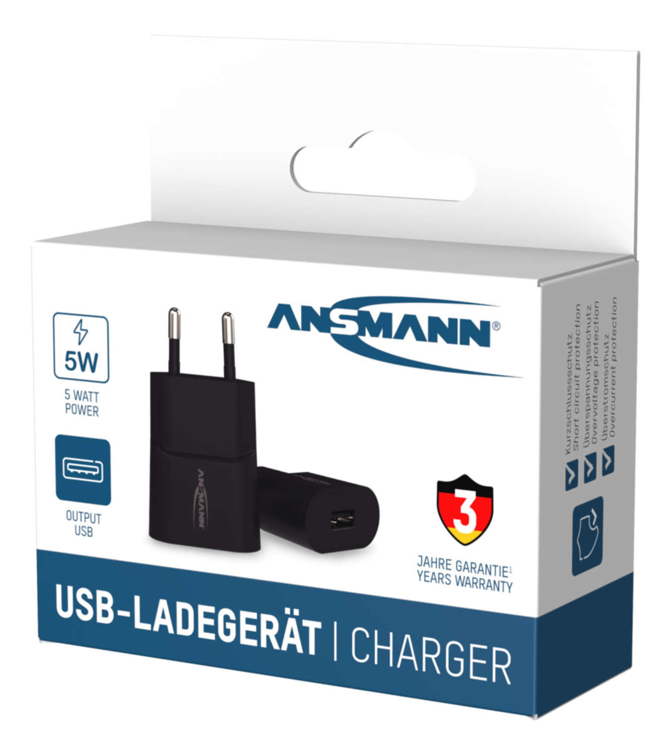 Ansmann USB-Ladegerät in weißer Verpackung mit 5W Leistung und 3 Jahren Garantie.