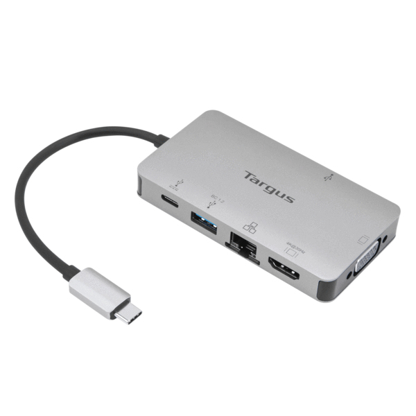 Concentrador USB-C Targus plateado con varios puertos y un cable corto.