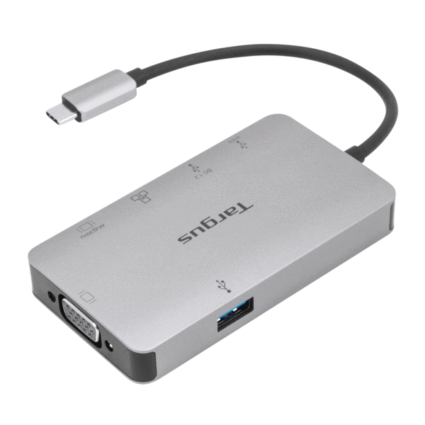Un concentrador USB-C Targus plateado con cable adjunto, puerto VGA y puertos USB sobre fondo blanco.