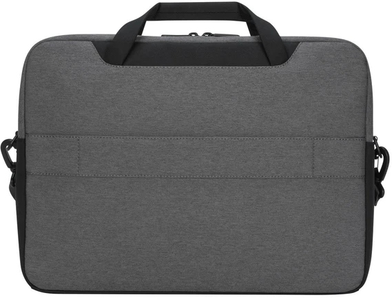 A gray laptop bag with black handles and zippers against a plain white background.