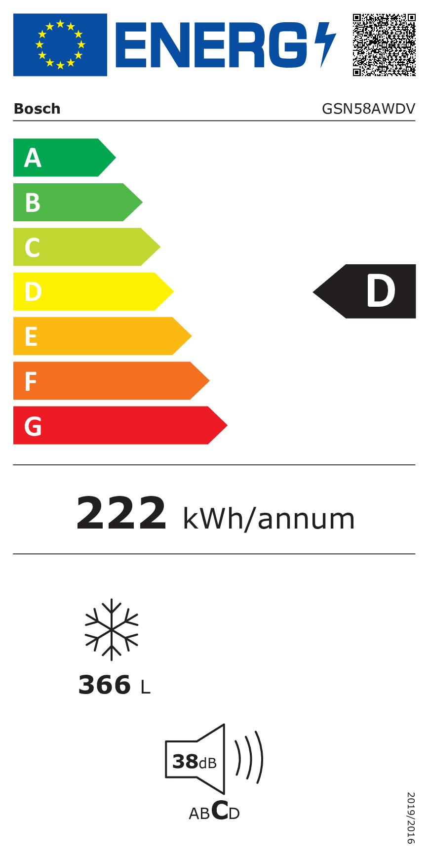 Bosch EU-Energieeffizienzlabel zeigt Klasse D, 222 kWh pro Jahr, 366 Liter und 38 dB.