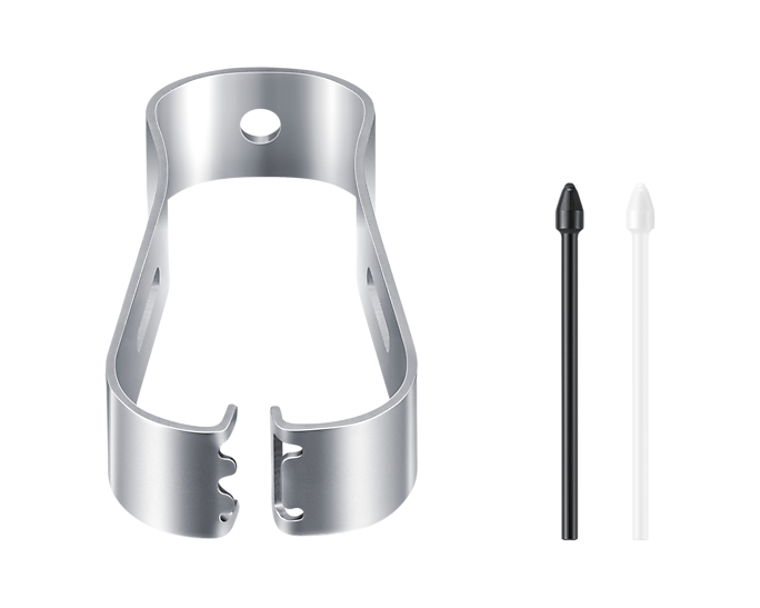 Eine metallene Klammer und zwei kleine Stifte in Schwarz und Weiß auf weißem Hintergrund.