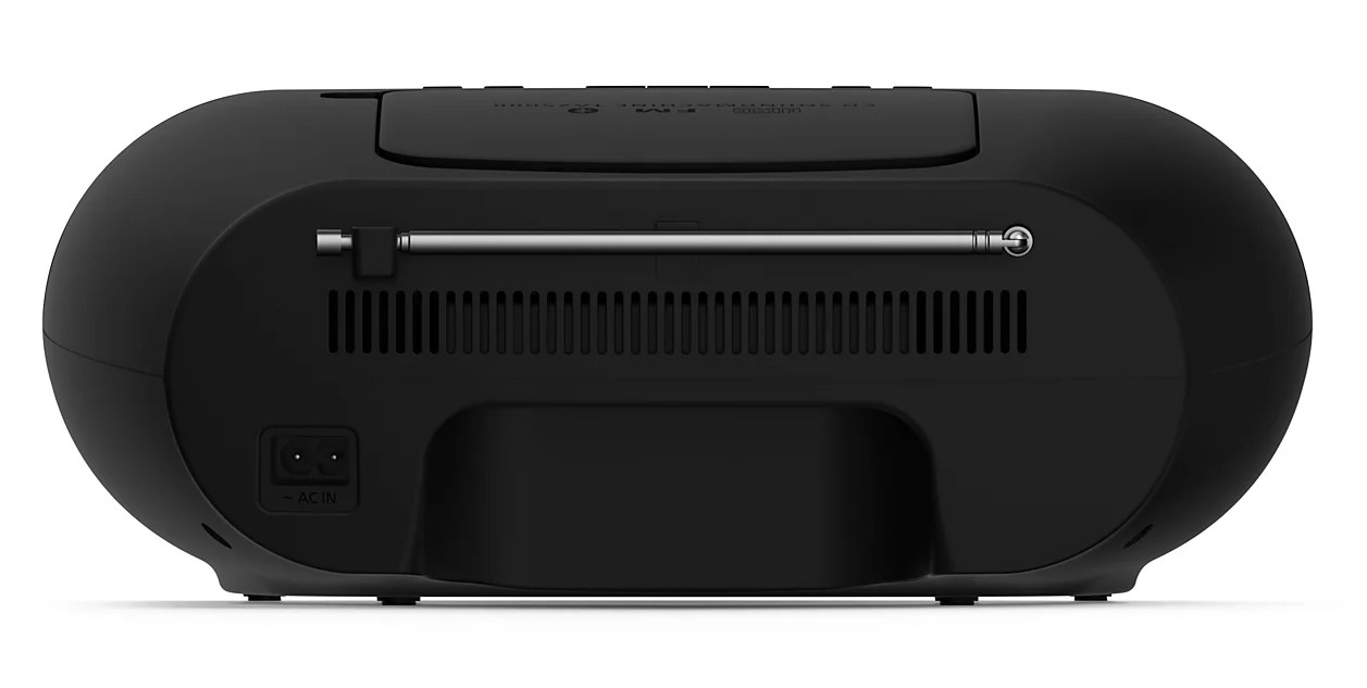 Vista posteriore di una radio CD nera con antenna estensibile e porta AC-IN.