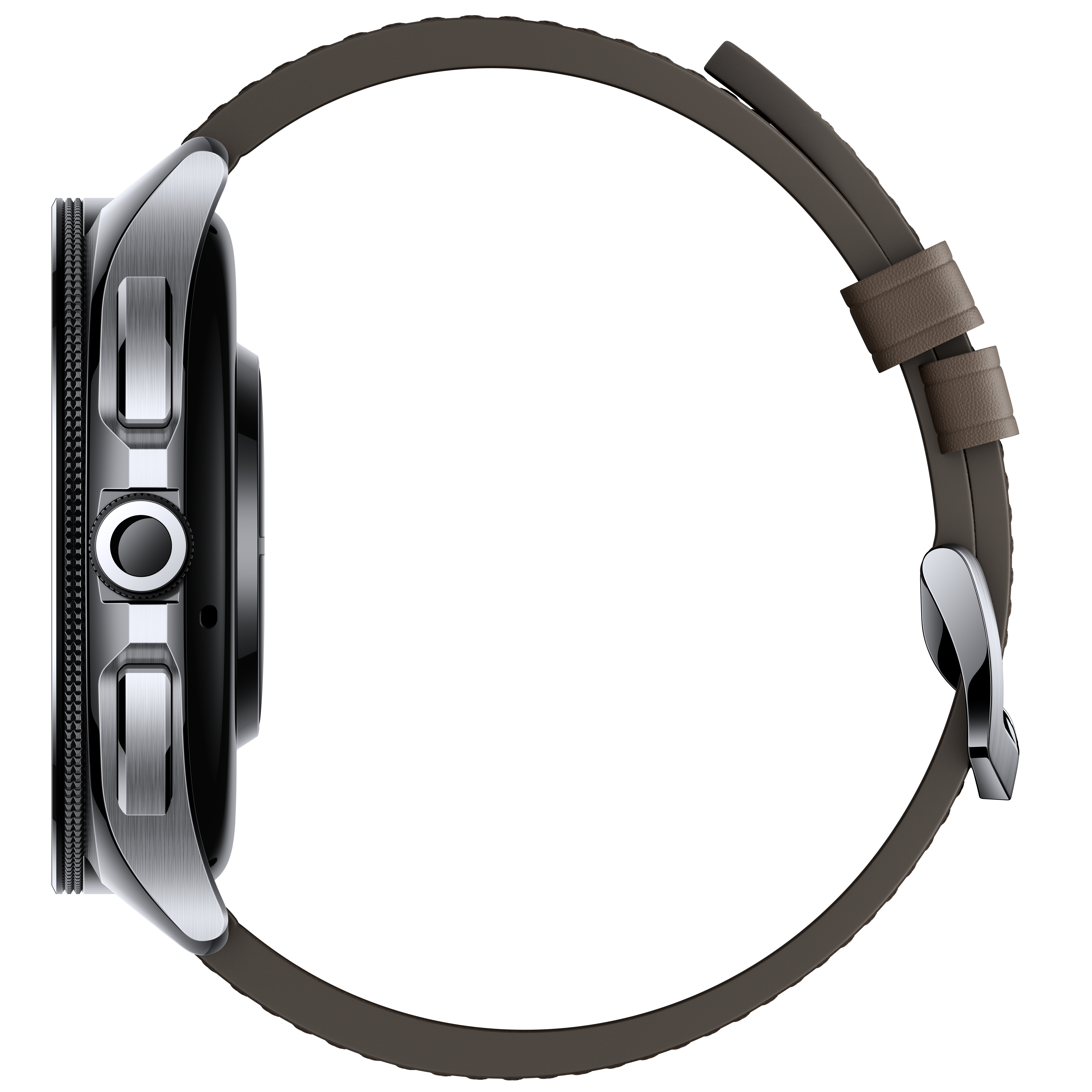 Vista laterale di uno smartwatch argentato con cinturino in pelle marrone e due pulsanti fisici su sfondo bianco.