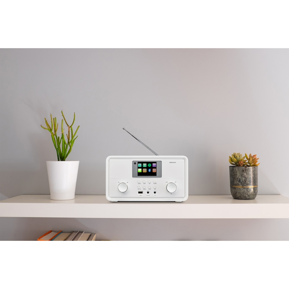 Una radio digitale bianca con antenna si trova su un ripiano bianco tra due piccole piante in vaso contro una parete grigia.