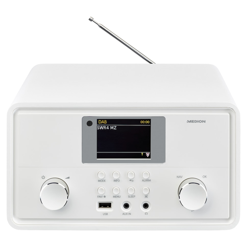 Radio digitale bianca Medion con display, due manopole, pulsanti e antenna su sfondo bianco.