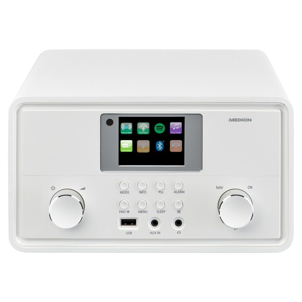Radio digitale Medion bianca con display a colori, manopole e pulsanti su sfondo bianco.