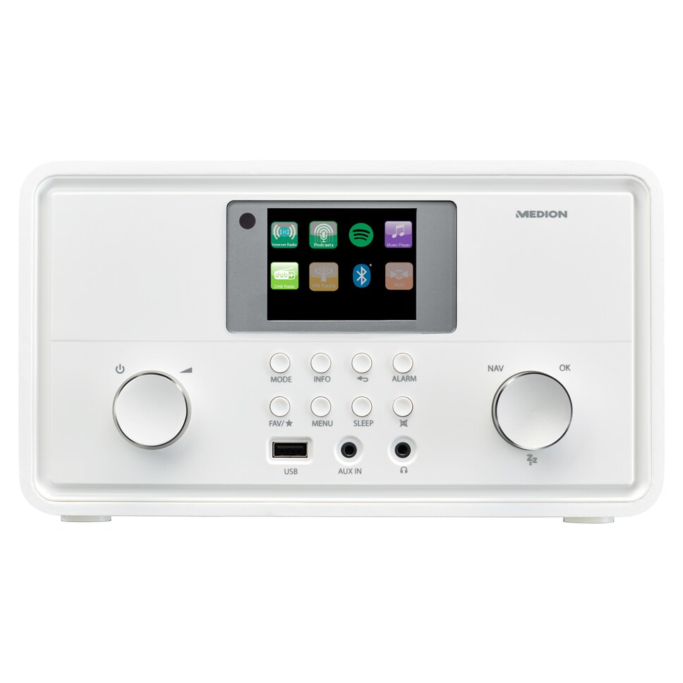 Radio digitale bianca Medion con display, pulsanti rotondi, due manopole e porte USB e Aux.