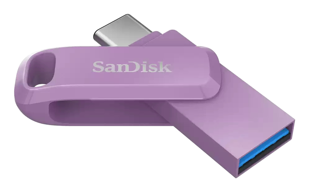 Ein lila SanDisk USB-Stick mit USB-A- und USB-C-Anschlüssen auf weißem Hintergrund.