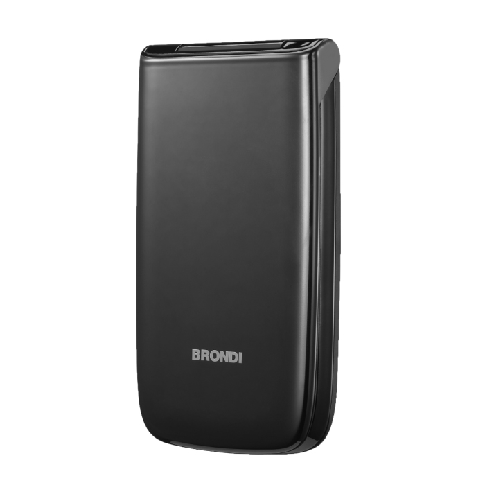 Un teléfono móvil de concha negro y cerrado de Brondi se muestra aislado sobre fondo blanco.