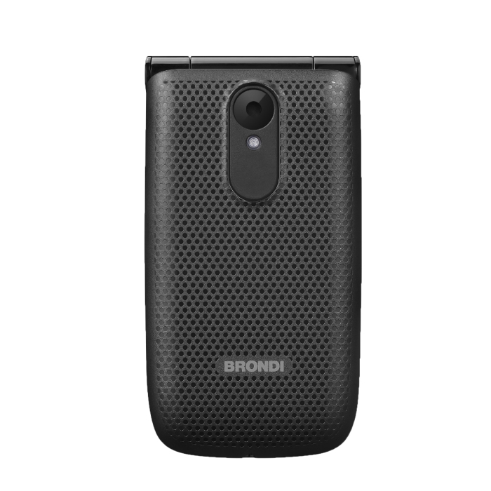 Parte trasera de un teléfono móvil negro con cámara y logo de Brondi sobre fondo blanco.