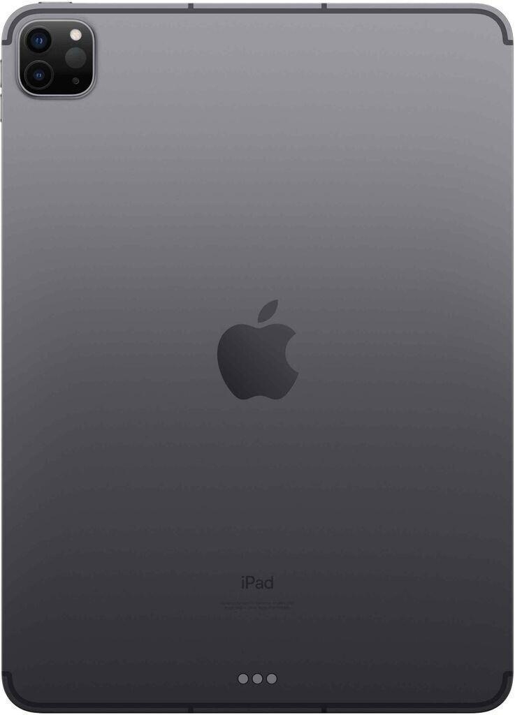 Rückseite eines dunkelgrauen iPad Pro mit Apple-Logo, Dual-Kamera und Anschlusskontakten.