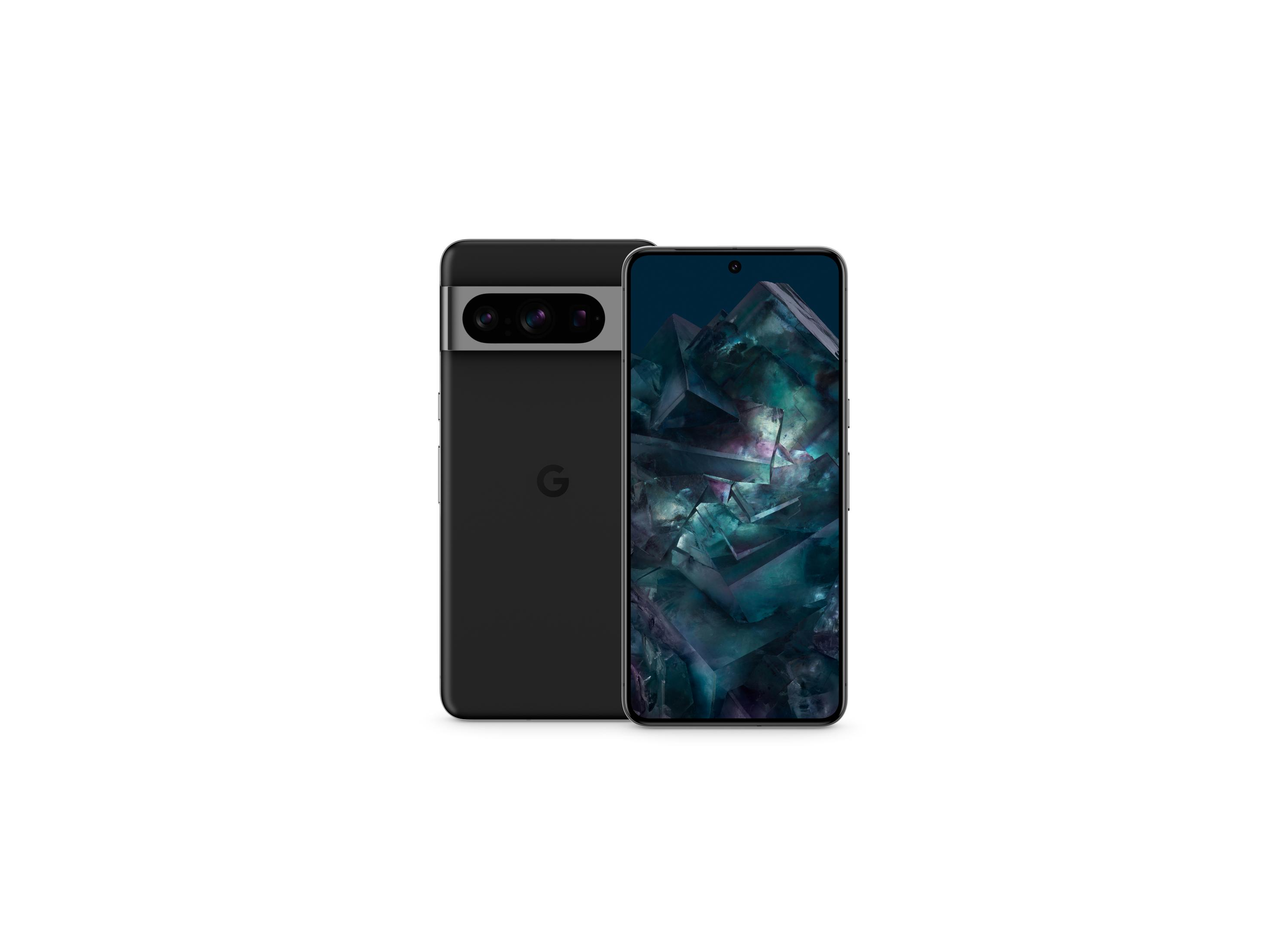 A black smartphone shows front and back views on a white background, featuring a crystalline screen display.