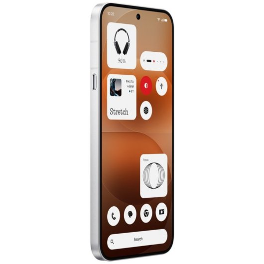 Een smartphone met een oranje scherm en verschillende witte widgets op het startscherm.