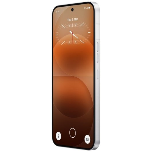 Een smartphone met een witte rand en een bruine achtergrond op het scherm, vanuit een licht gekanteld perspectief.