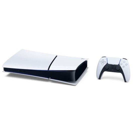 Biało-czarna konsola PlayStation 5 z pasującym kontrolerem na białym tle.