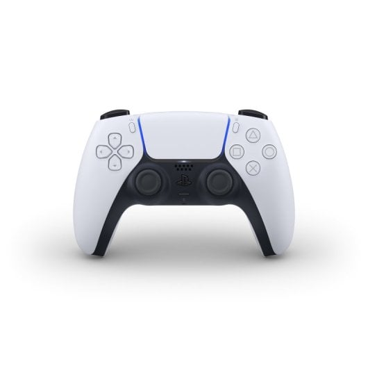 Biało-czarny kontroler PlayStation 5 DualSense na białym tle.