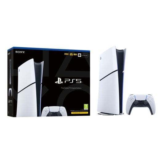 Biało-czarna konsola i kontroler PlayStation 5 Digital Edition obok czarnego pudełka.
