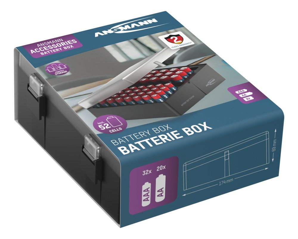 Ansmann Batteriebox Verpackung zeigt 52 Zellen inklusive AAA- und AA-Größen.
