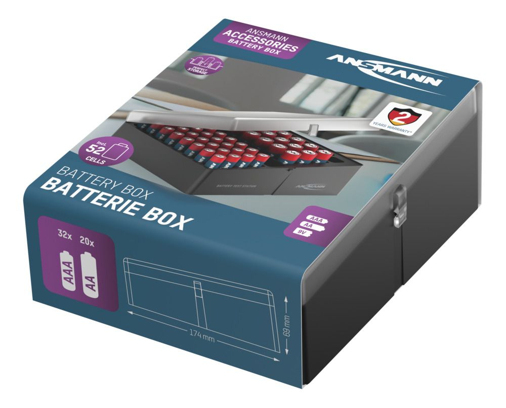 Ansmann Batteriebox in blauer und schwarzer Verpackung mit Abbildung von enthaltenen Akkus.