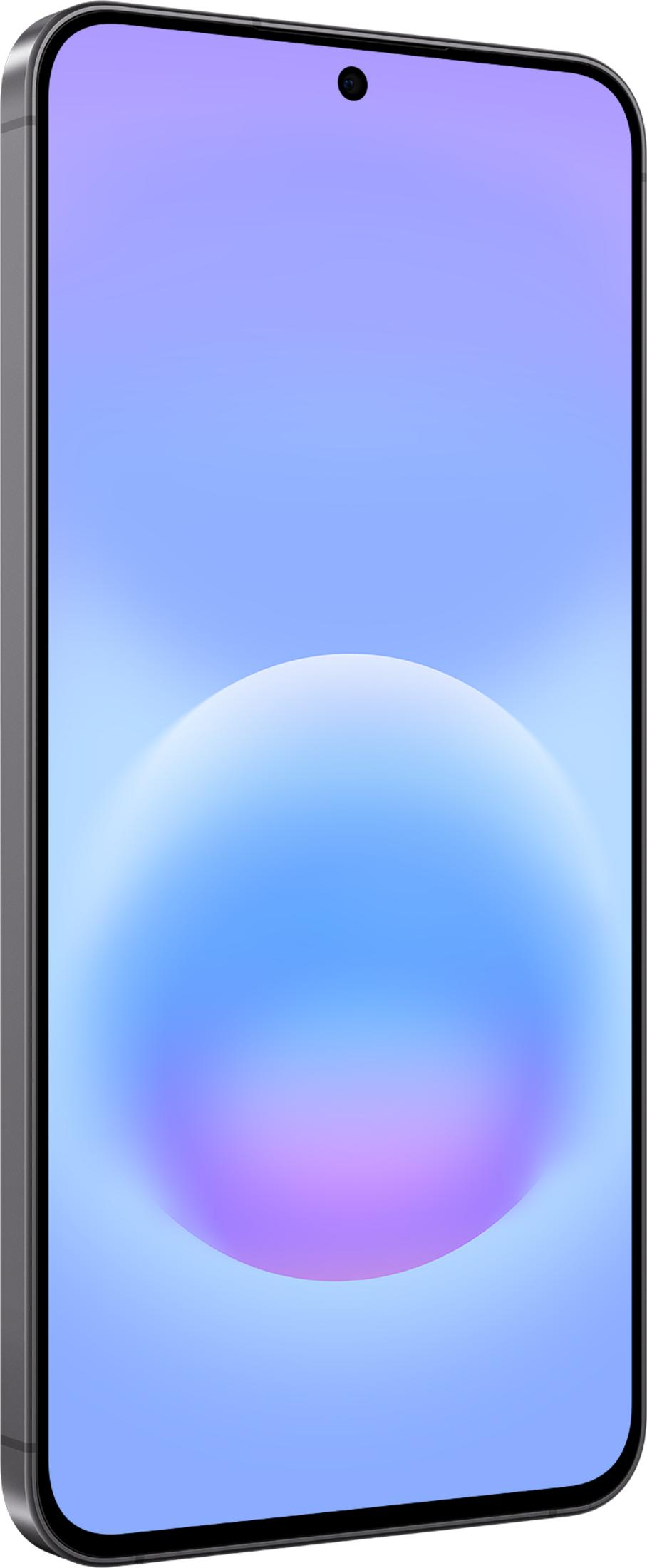 Un smartphone élégant affichant un fond d'écran dégradé bleu et violet avec une sphère lumineuse centrée.