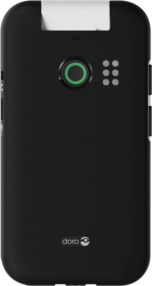 Retro di uno smartphone Doro nero con fotocamera, pulsante di assistenza e altoparlante.