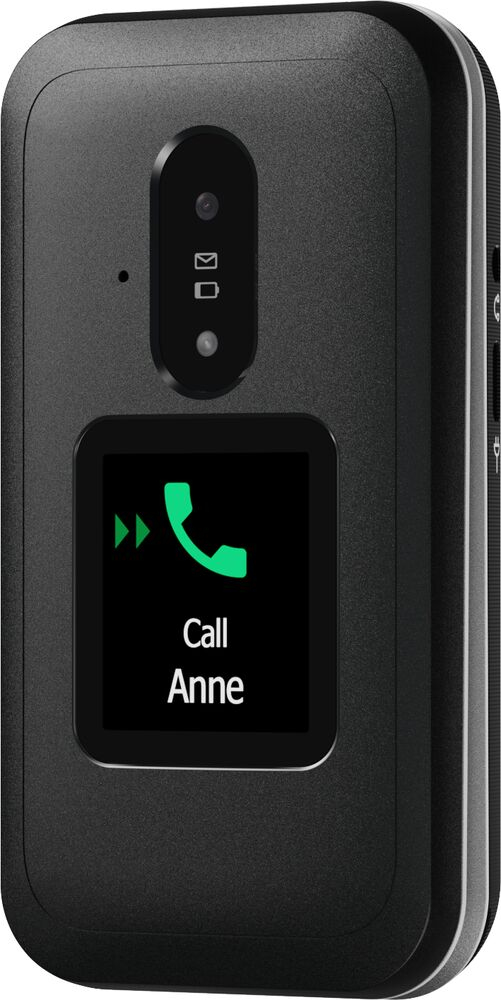 Un telefono cellulare nero con un piccolo display che mostra un'icona di chiamata verde e il testo Call Anne.