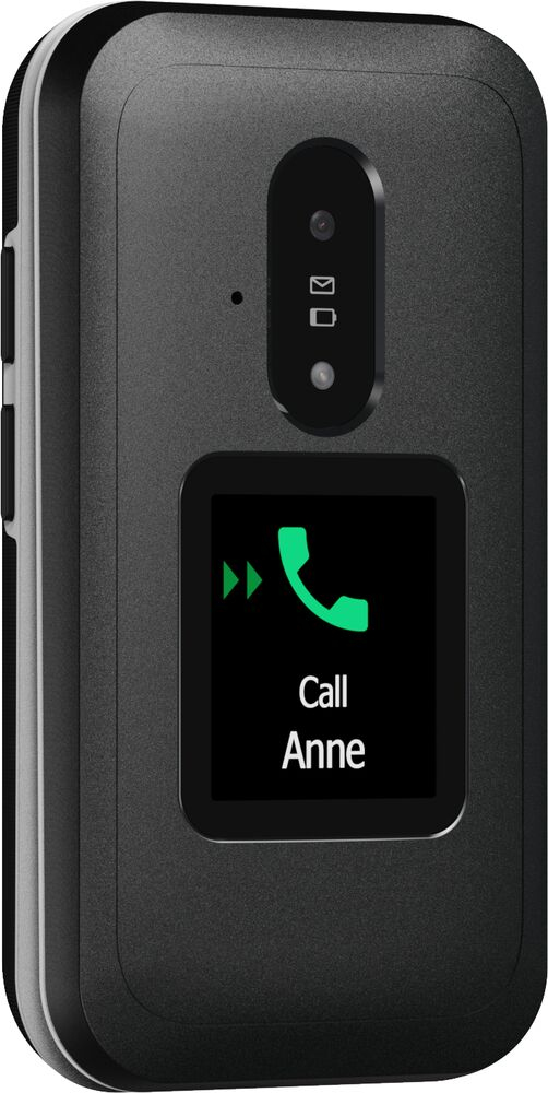 Un telefono a conchiglia nero chiuso con un piccolo display che mostra una chiamata ad Anne.
