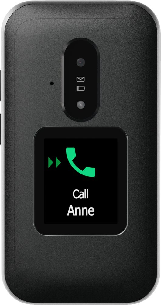 Retro di un telefono a conchiglia nero con un piccolo display esterno che mostra il testo Call Anne.