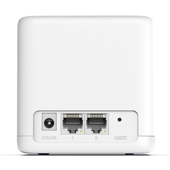 Biały router z portem zasilania, dwoma portami ethernet i przyciskiem resetu na białym tle.