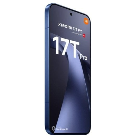 A blue Xiaomi 17T Pro smartphone with a curved screen displays the text '17T Pro' on the display.