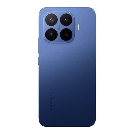 Back of a blue smartphone with a square camera module containing four lenses and the Xiaomi logo at the bottom.