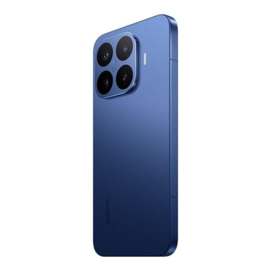 A blue smartphone with a square camera module containing four lenses on the back, shown vertically on a white background.