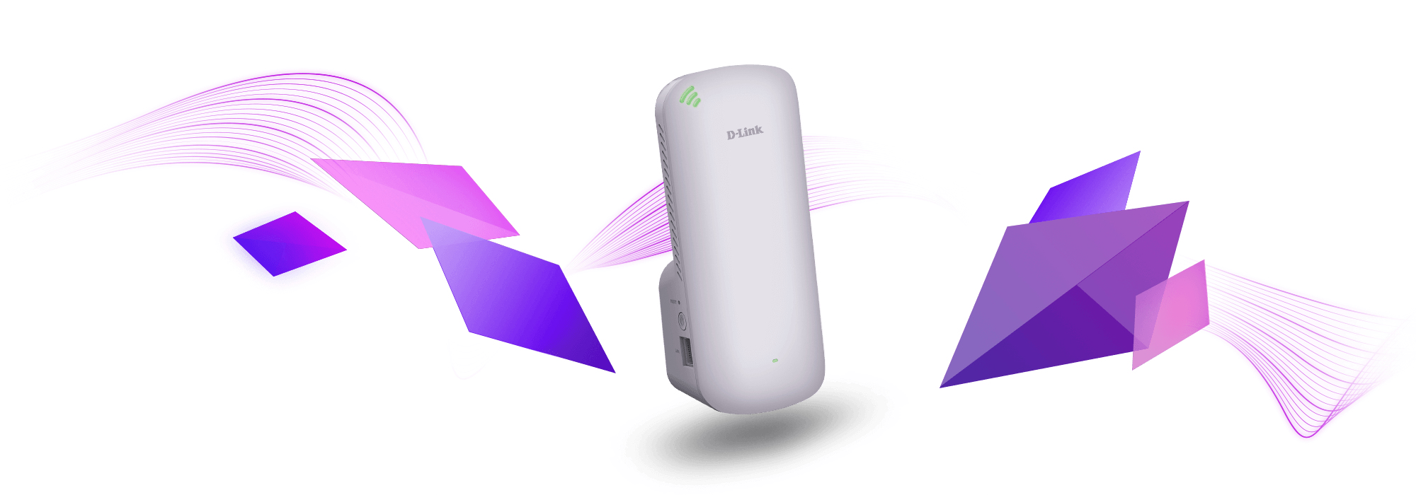 Un ripetitore Wi-Fi D-Link bianco fluttua su sfondo bianco, circondato da forme geometriche viola e onde luminose.