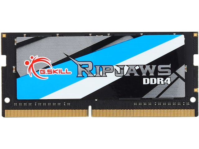 Siyah devre kartına ve mavi, beyaz, gümüş etiketli bir G.SKILL Ripjaws DDR4 RAM modülü.
