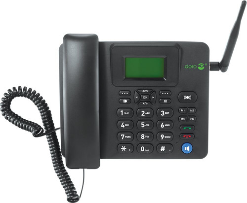 Un teléfono de escritorio Doro negro con un teclado grande, pantalla verde y una antena a la derecha.