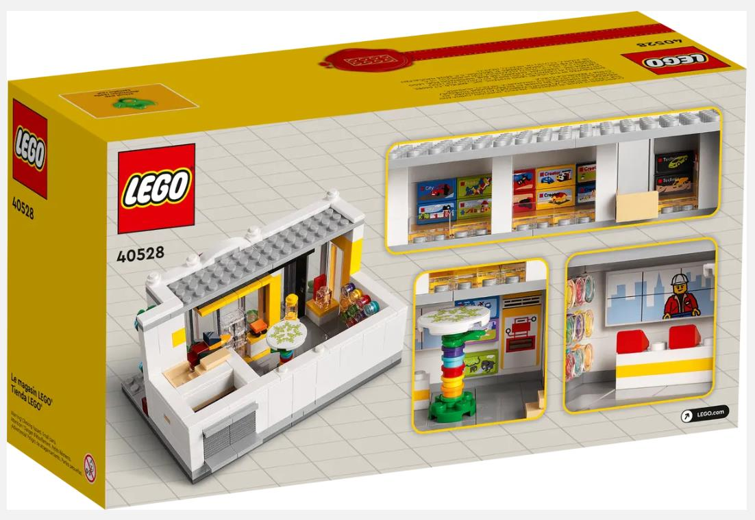 Żółte pudełko zestawu Lego 40528 prezentujące przód i detale wnętrza.