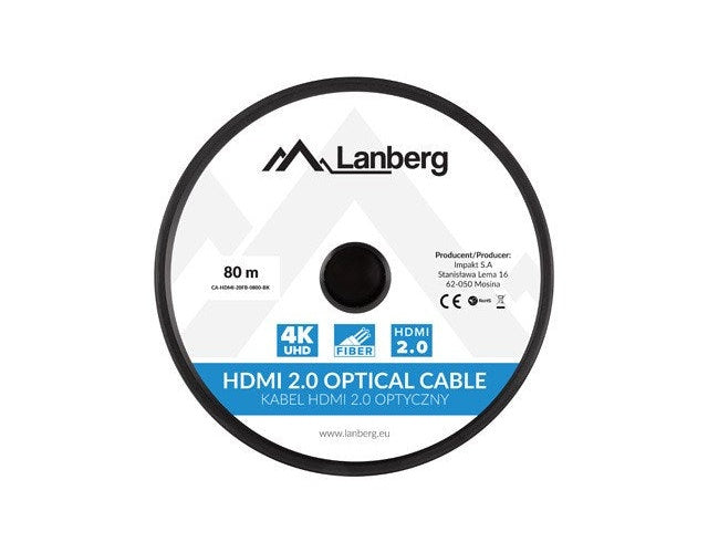 Lanberg HDMI 2.0 optical cable on a black spool, 80m long, featuring a white label.