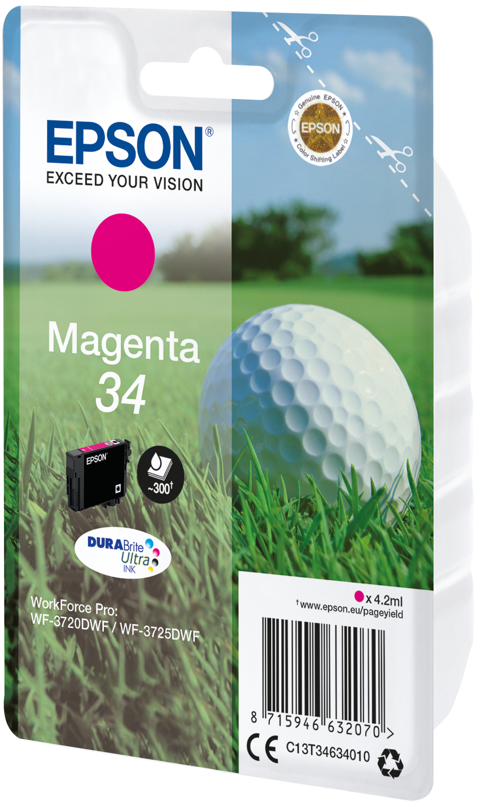 Epson Magenta 34 Tintenpatrone Verpackung mit Golfball-Bild.