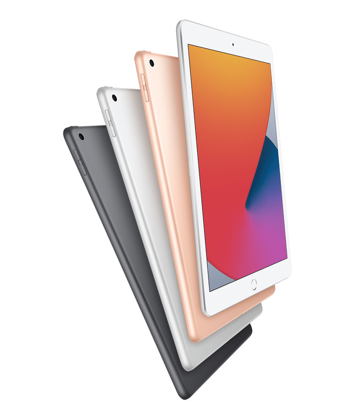 Vier farbige Tablets in Grau, Silber, Gold und Weiß stehen aufrecht auf weißem Hintergrund.