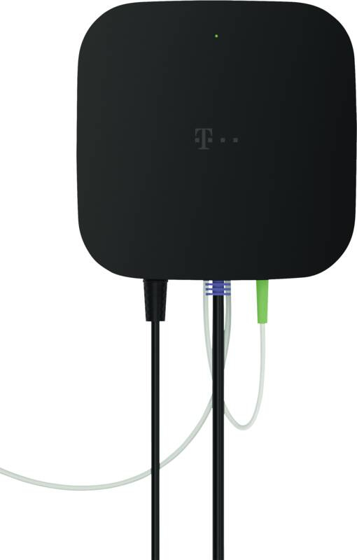 A black router with a T logo and three connected cables at the bottom against a white background.