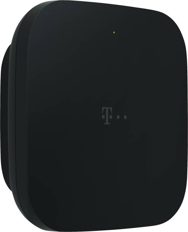 A black, rounded Telekom device with a green LED light on top against a light background.