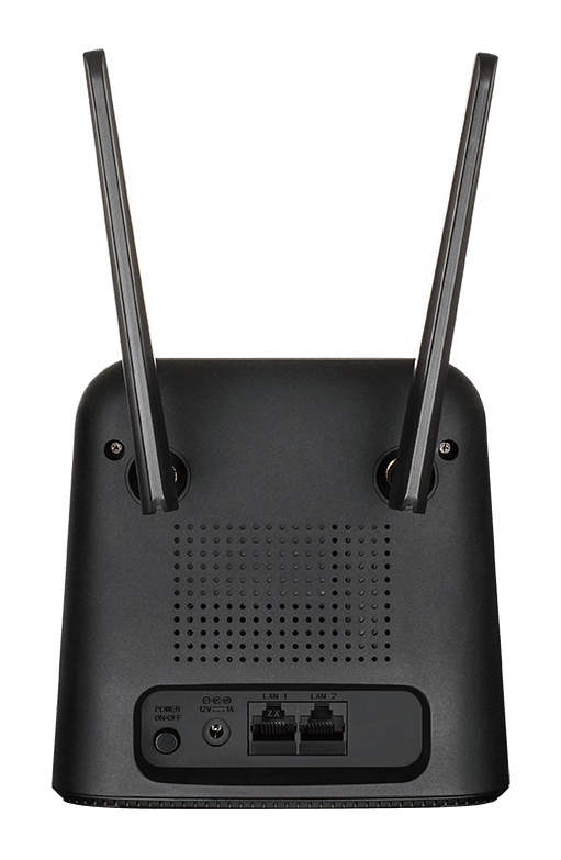 Rückansicht eines schwarzen WLAN-Routers mit zwei Antennen, Lüftungslöchern, Netzschalter und LAN-Anschlüssen.