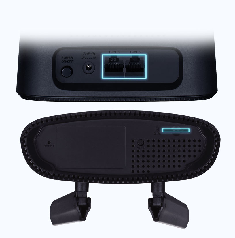 Rückansicht eines schwarzen Routers mit Stromanschluss, zwei LAN-Ports, Reset-Taste und zwei Antennen.