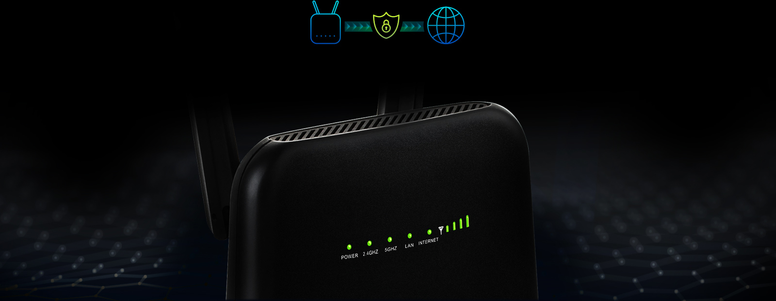Schwarzer Router mit leuchtend grünen LEDs und grafischer Darstellung einer sicheren Internetverbindung.