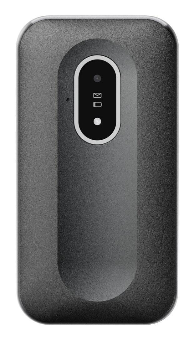 Il retro di uno smartphone grigio con un modulo fotocamera verticale e due piccole icone.