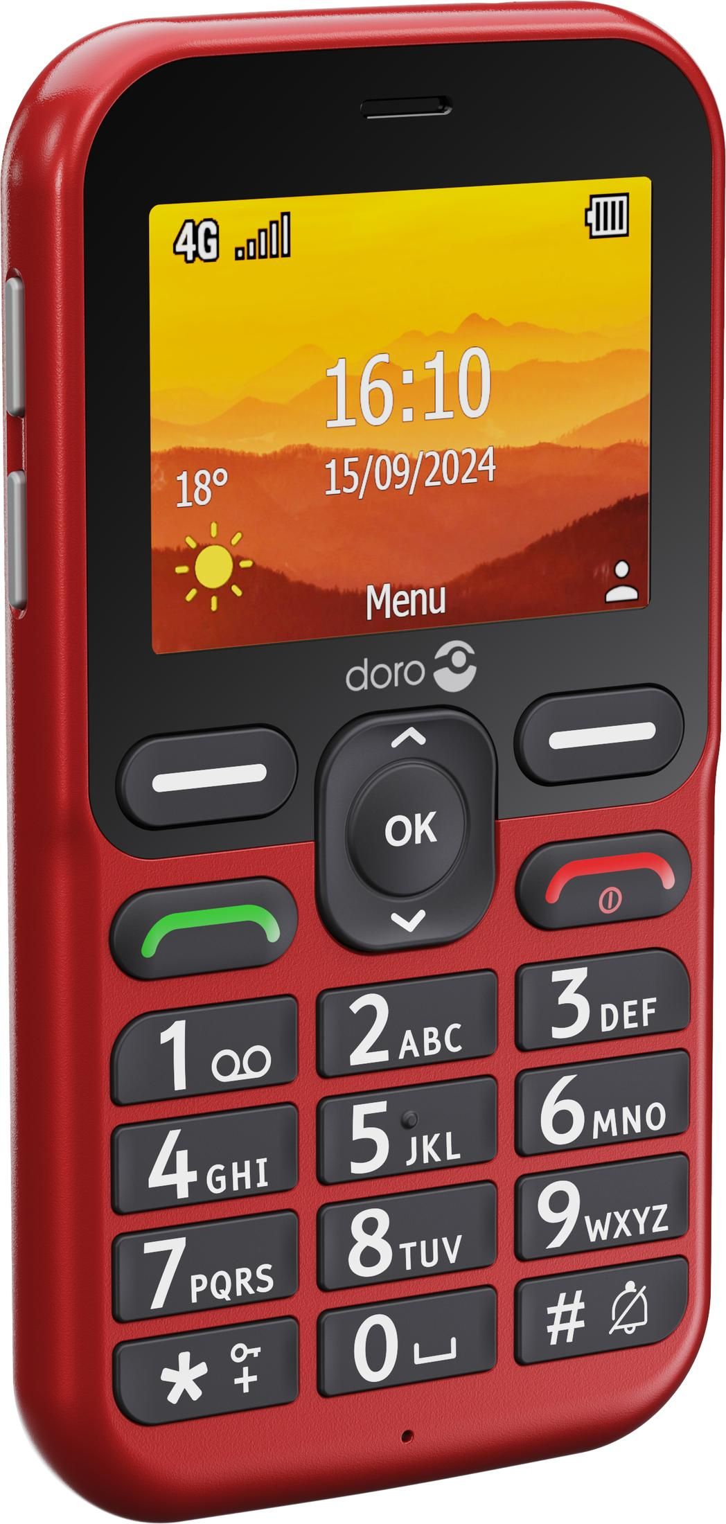 Un telefono cellulare rosso Doro con grandi tasti fisici, un pad di navigazione centrale e uno schermo a colori.